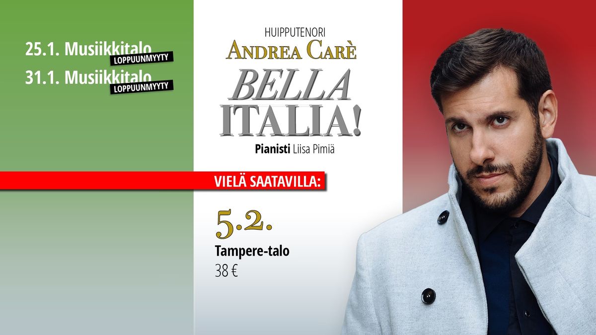 Huipputenori Andrea Car\u00e8n Bella Italia! -konsertti Helsingiss\u00e4 (Musiikkitalo)