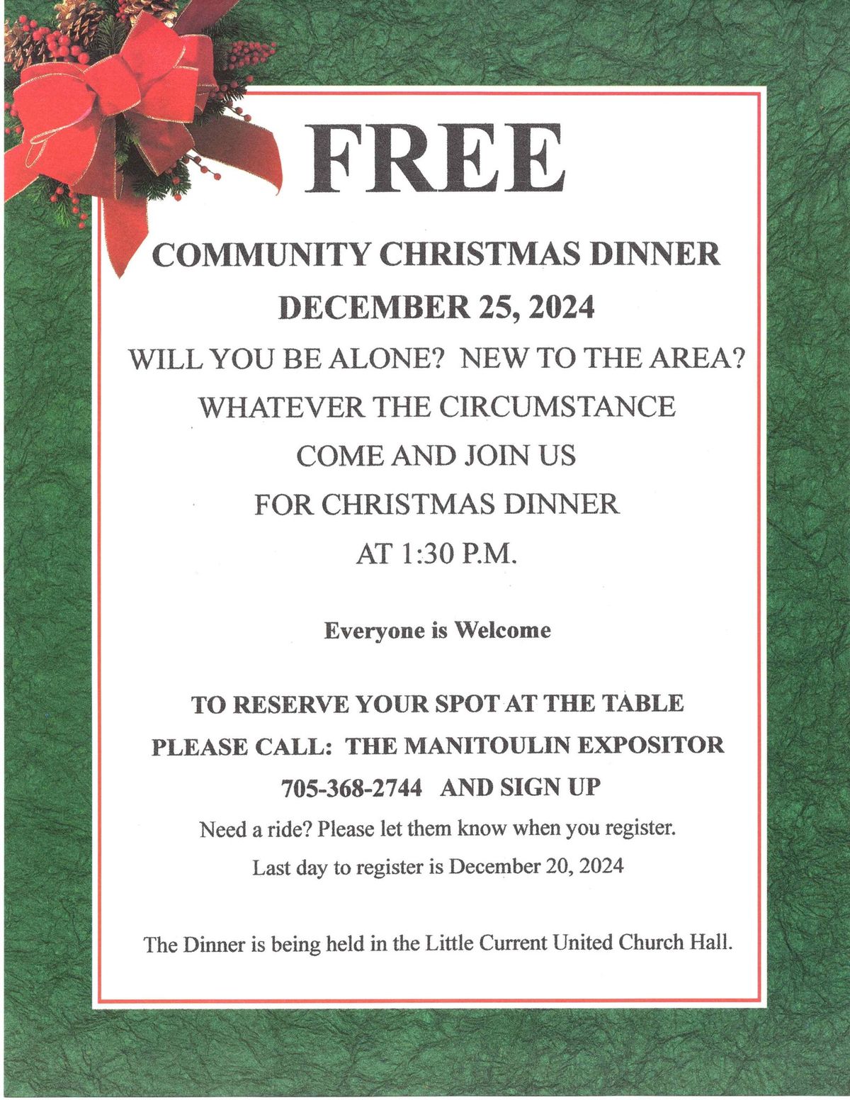 FREE COMMUNITY CHRISTMAS DINNER