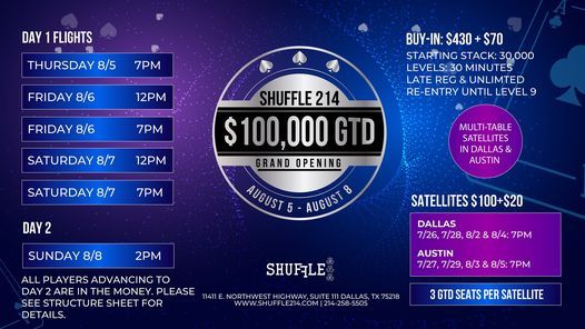 100k Gtd Grand Opening Nlh Tournament Shuffle 214 Sunnyvale 5 August To 8 August