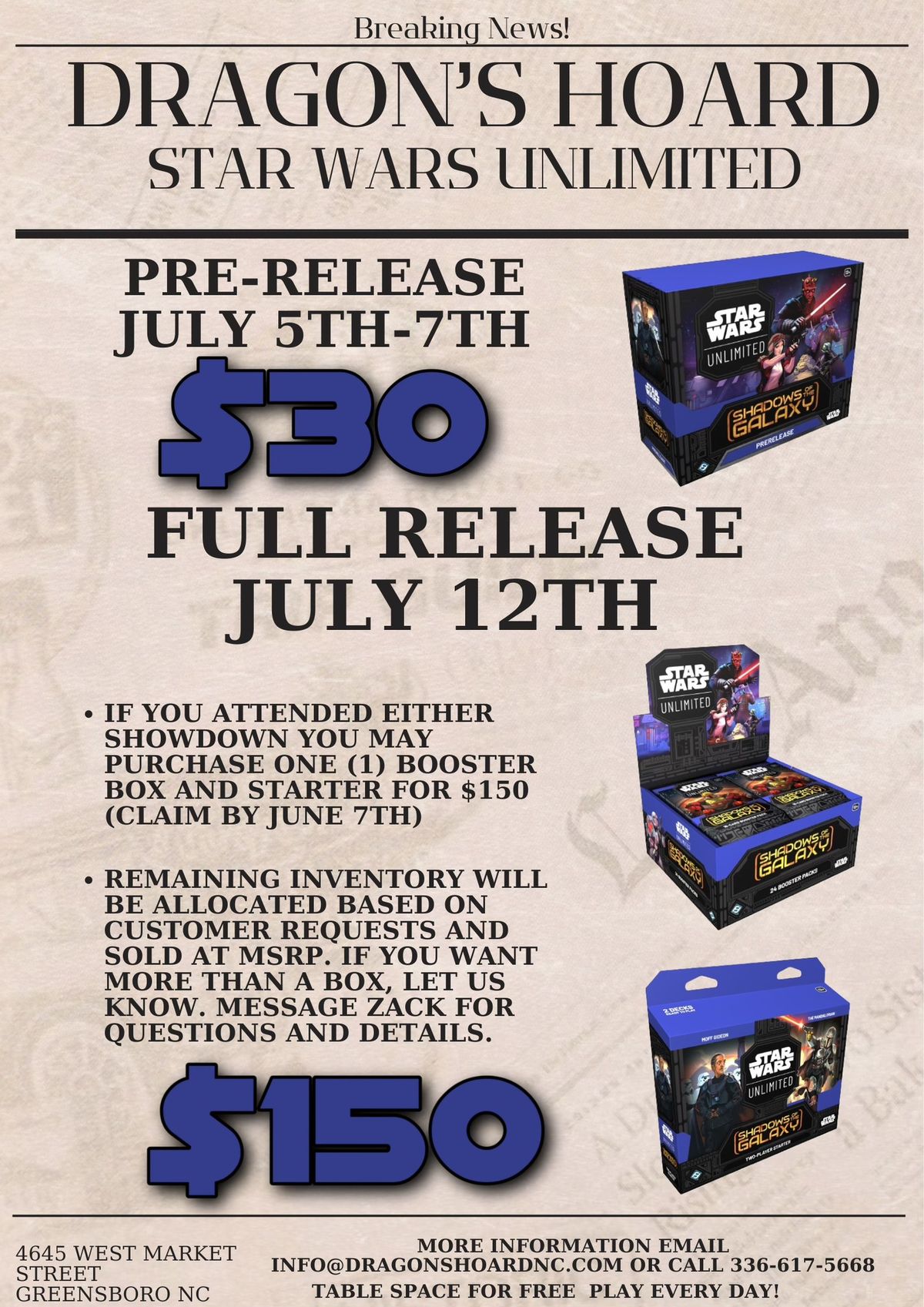 Star Wars Unlimited Shadows of the Galaxy Prerelease July 7 12:30