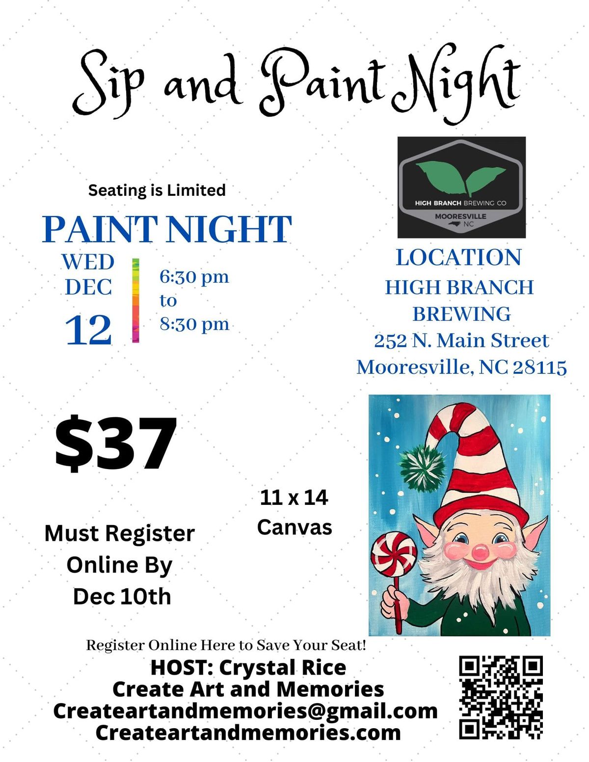 Peppermint Elf Sip and Paint at High Branch Brewing Mooresville 