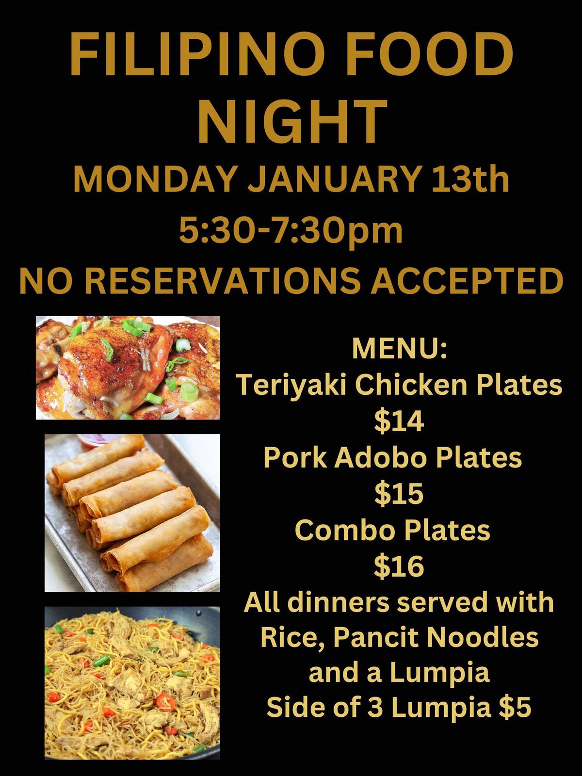 Filipino Food Night, Monday, January 13th