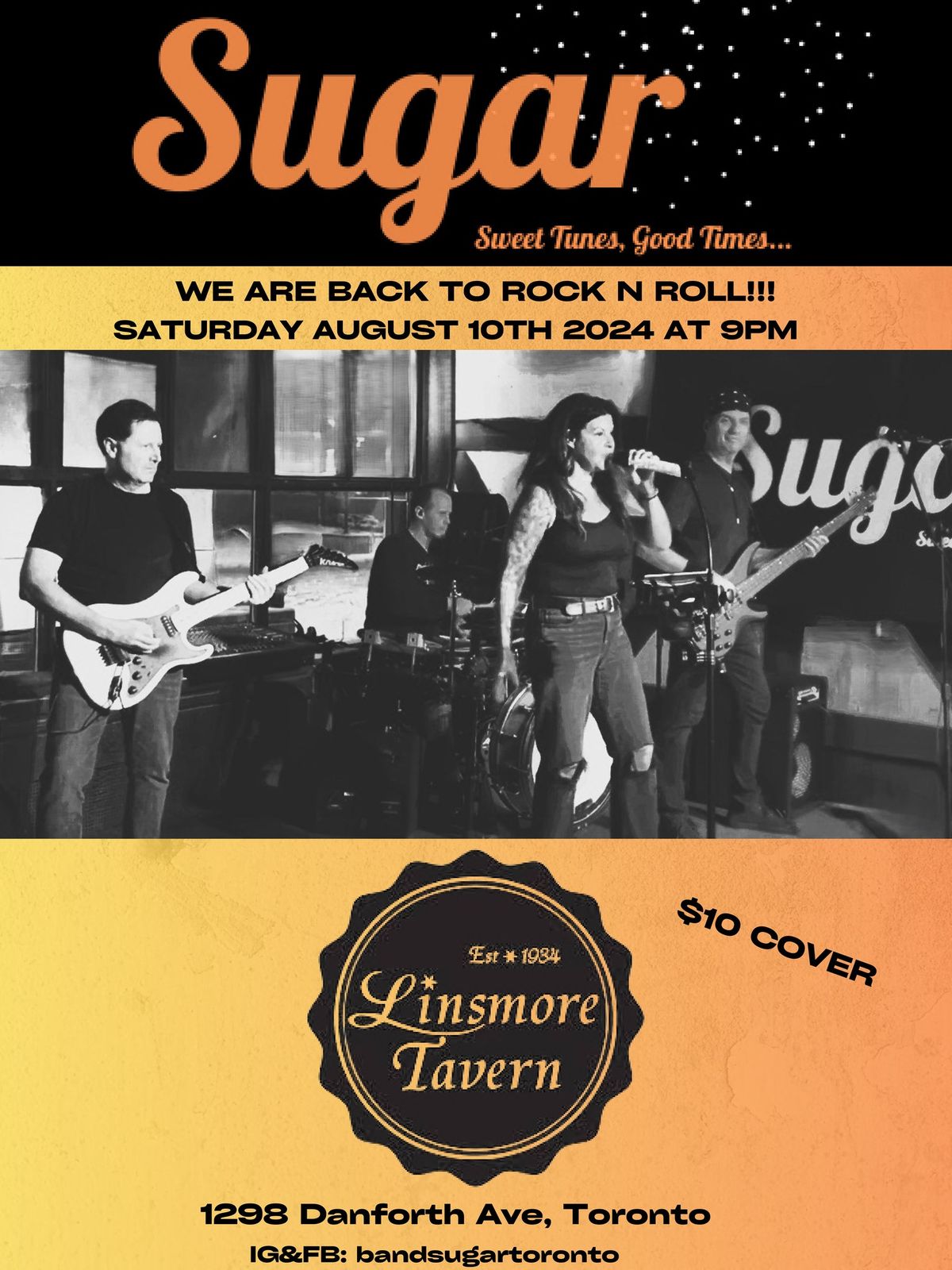 Sugar returns to the Linsmore Tavern for a Saturday night Summer party!