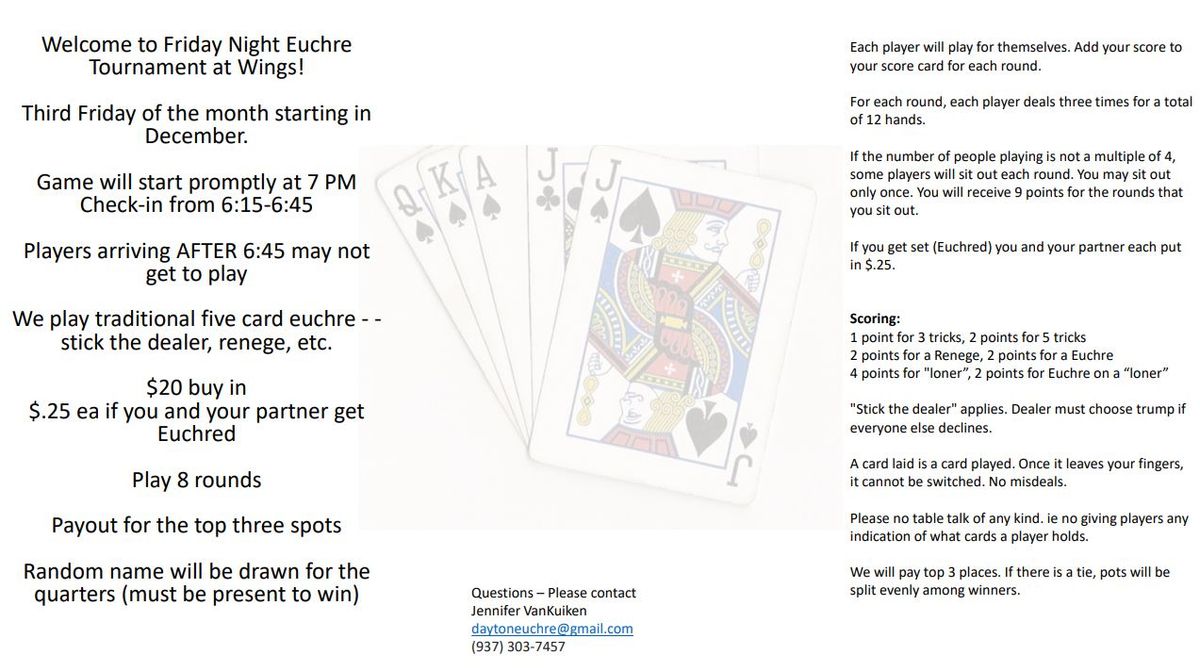 Euchre Night Every 2nd and 4th Monday Each Month at Wings Beavercreek!