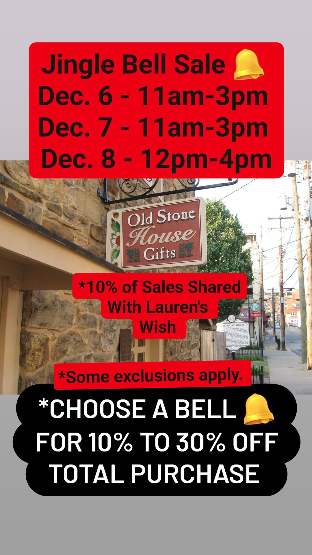 Jingle Bell Sale- Dec. 6-8 at Old Stone House Gift Shop 