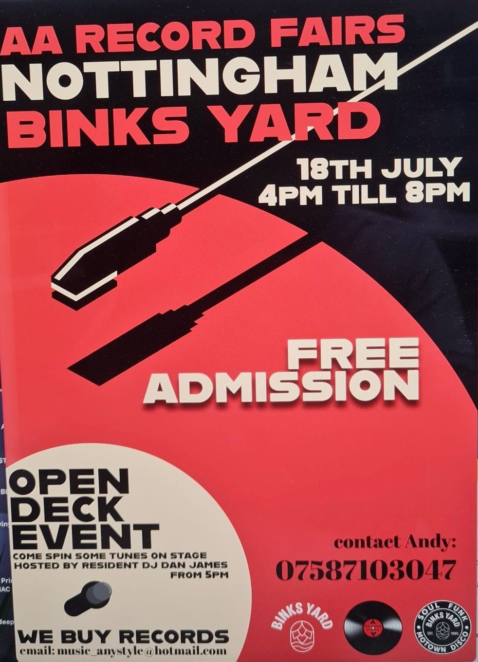 Nottingham Binks Yard Record Fair Thurs 18th July 4-8pm NG2 3BJ FREE entry.