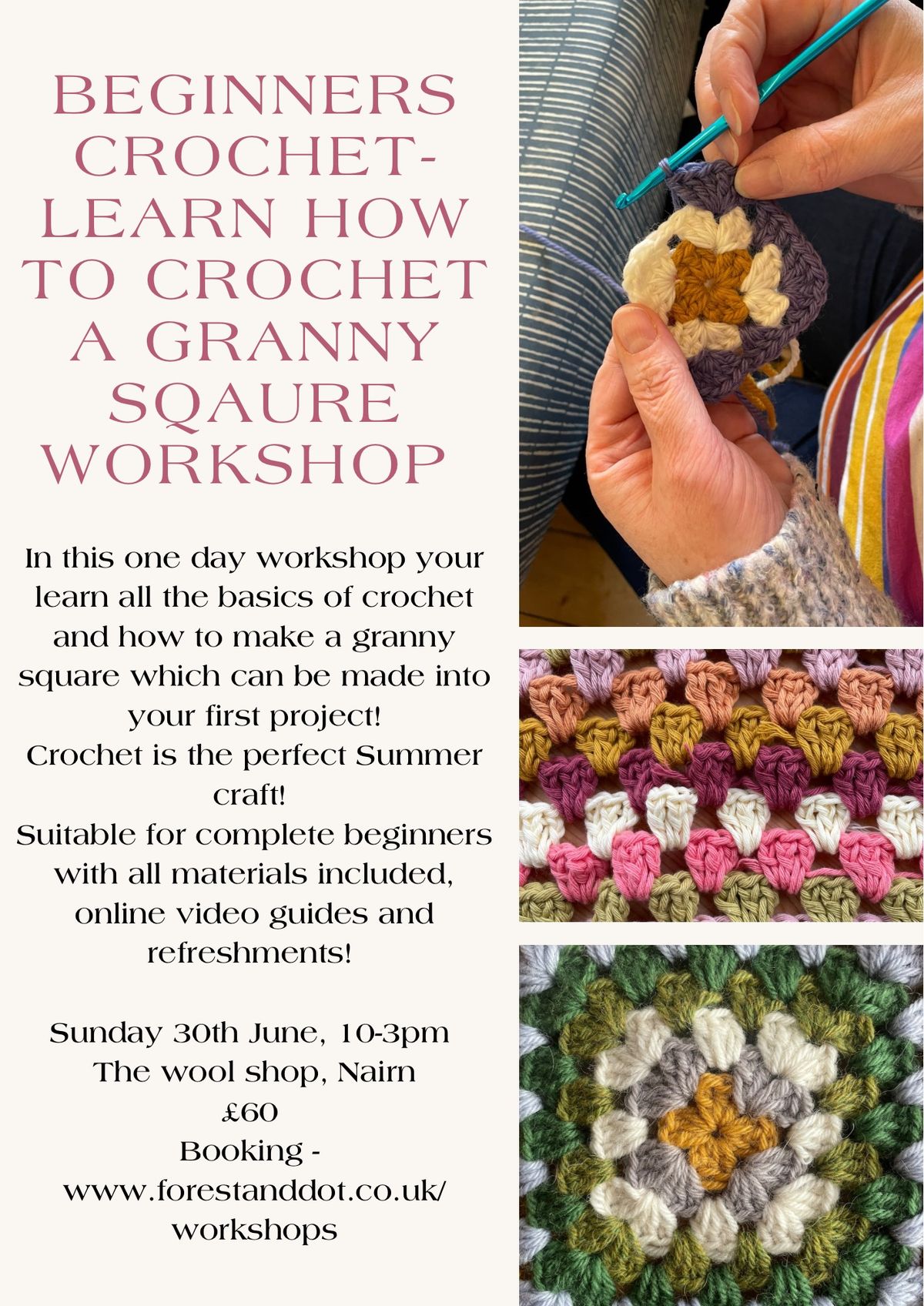 Beginners Learn how to Crochet a granny square workshop at Nairn Wool Shop, Nairn