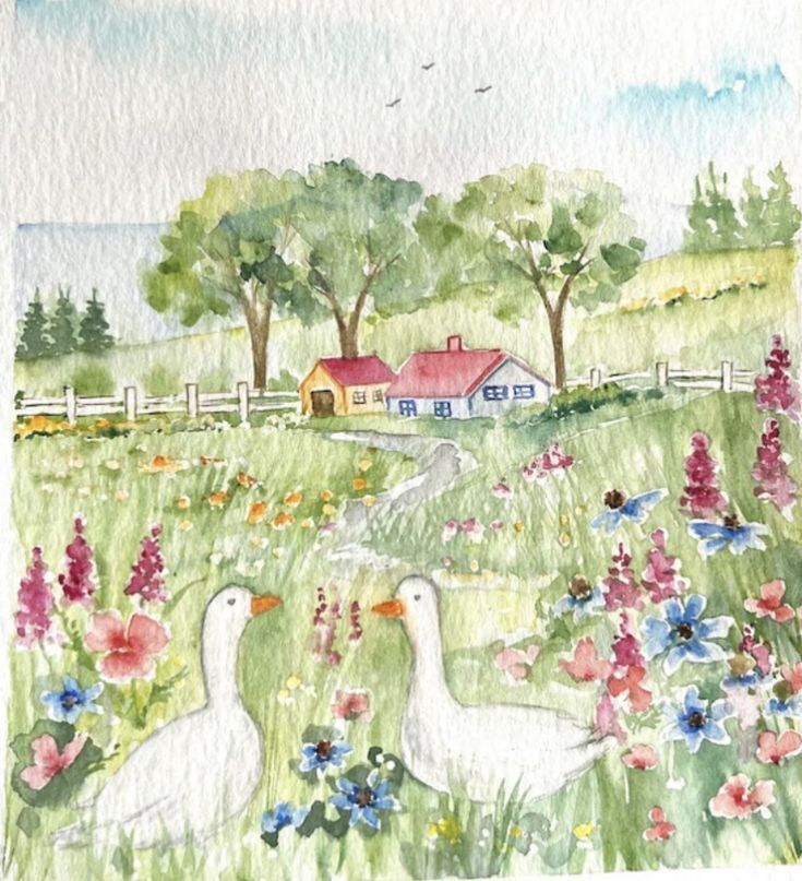 Watercolor Geese in the Field