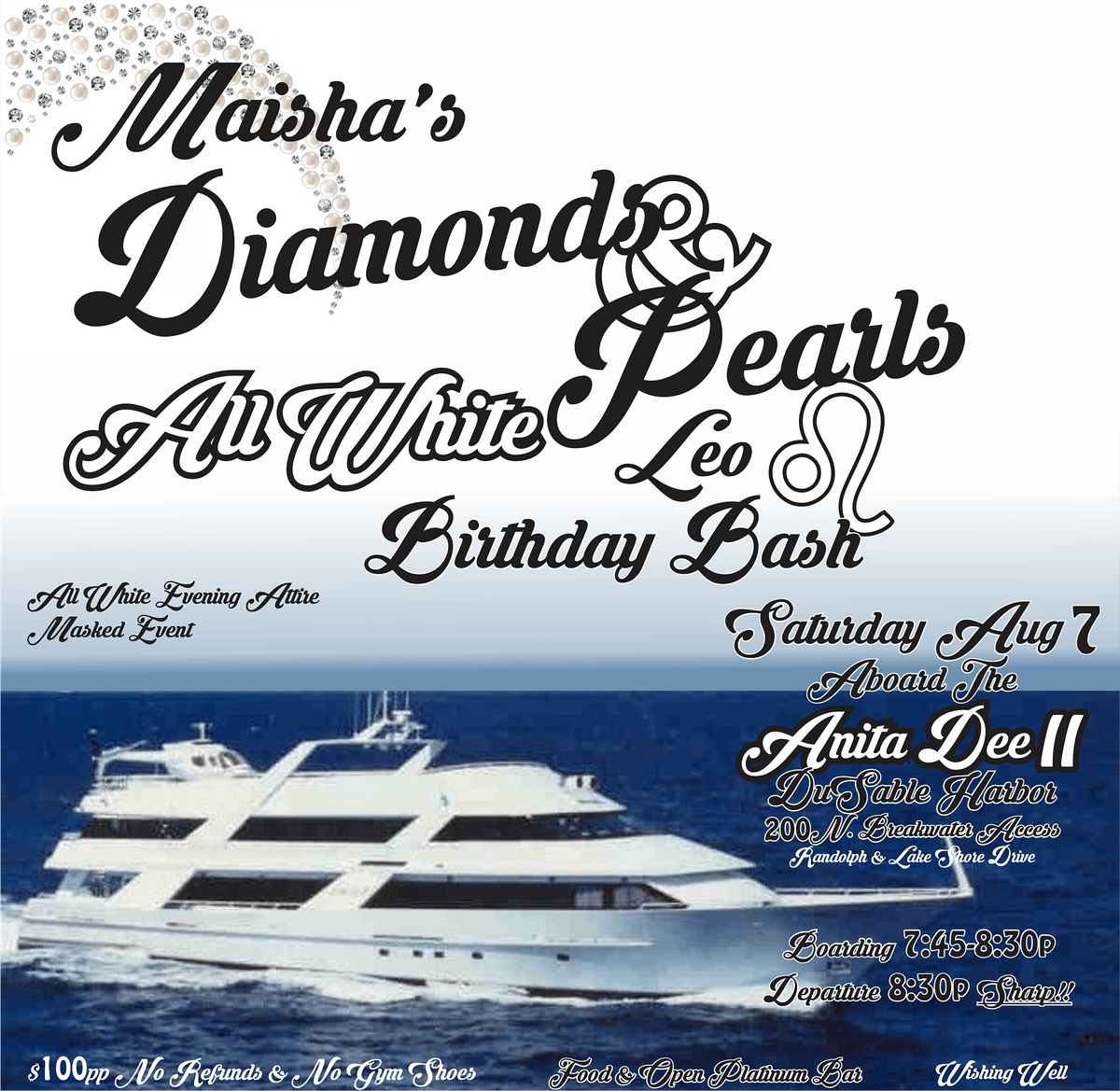 MASK!!All INCLUSIVE, All WHITE EVENING EVENT! ABOARD The Anita Dee II Yacht