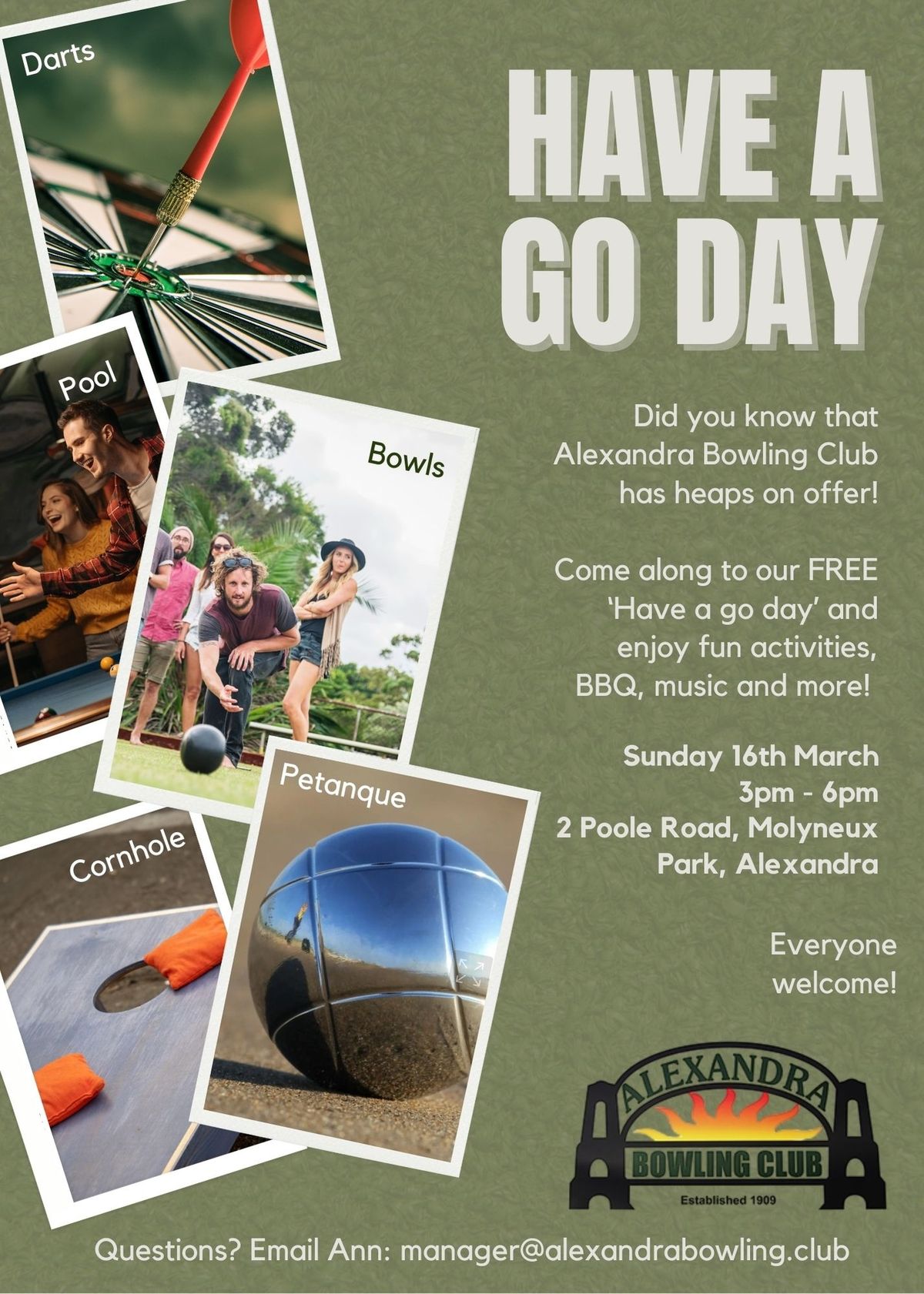 'Have a go' day - bowls, p\u00e9tanque, darts, billiards, corn hole... 