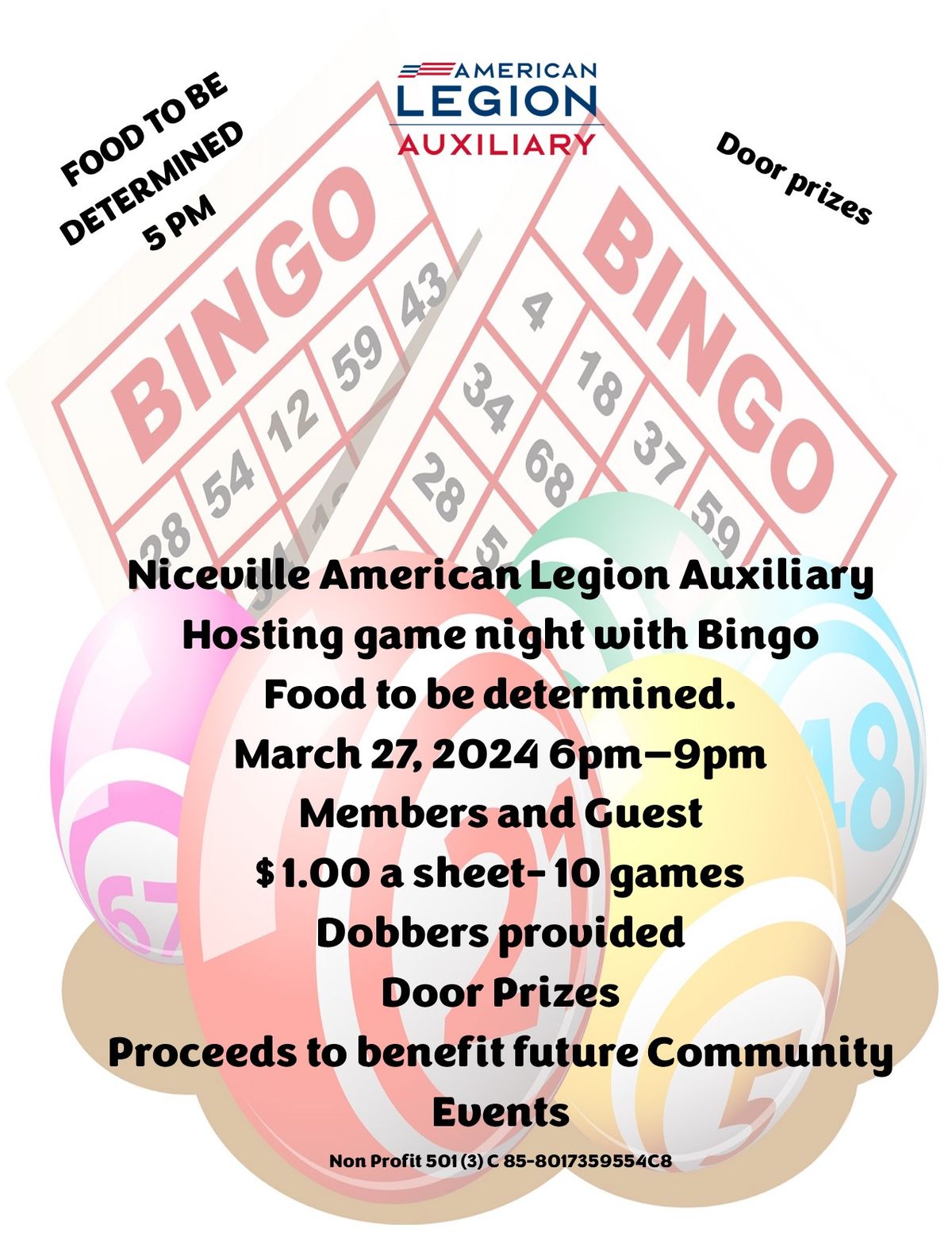 Bingo night-Members and Guests- food to be determined-Prizes!