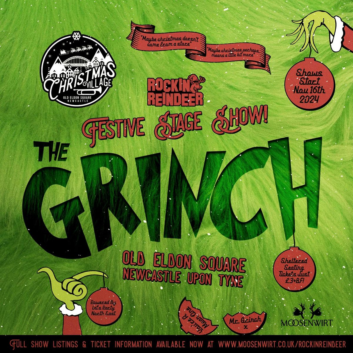 THE GRINCH \/ Saturday 14th December \/ 1pm \/ Rockin' Reindeer \/ Newcastle Christmas Village