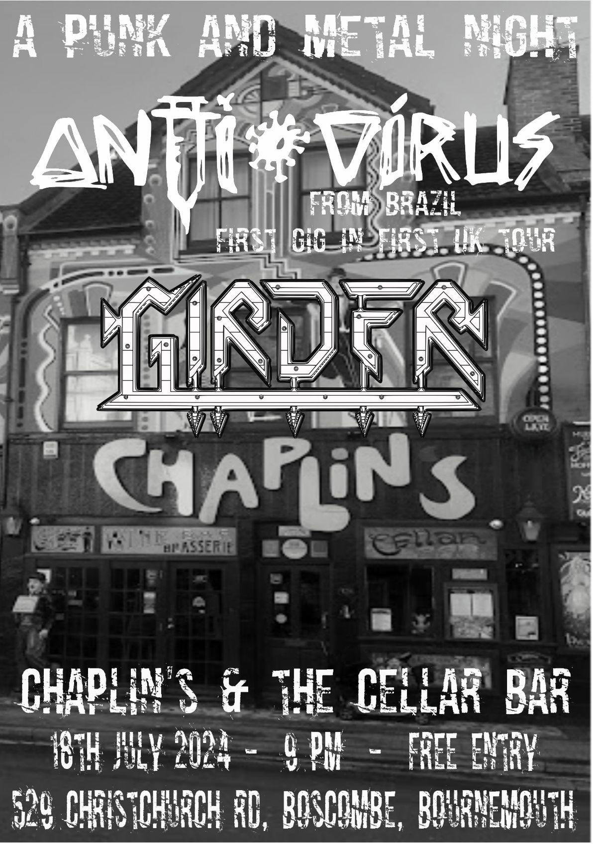 Anti-V\u00edrus and Girder - jul 18th 2024 Bournemouth at Chaplin\u00b4s & the Cellar Bar - Punk Metal Night