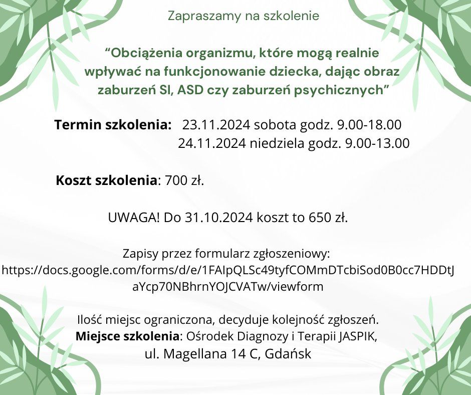 Szkolenie "Obci\u0105\u017cenia organizmu dziecka a objawy zaburze\u0144 SI, ASD czy zaburze\u0144 psychicznych"