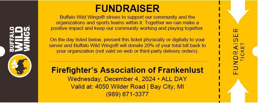 Firefighter's Association of Frankenlust Fundraiser @ Buffalo Wild Wings (Bay City)