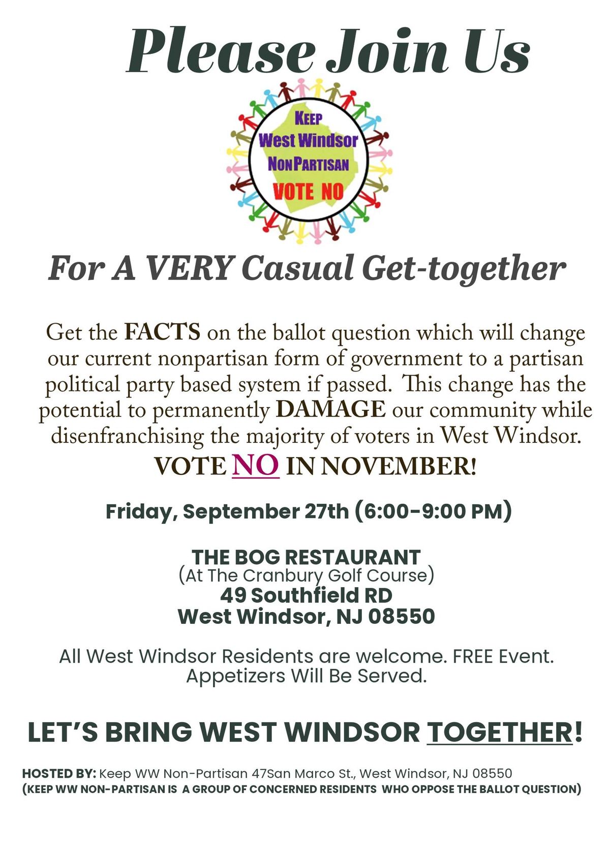 Keep West Windsor NonPartisan Gathering.  Get The Facts On The Ballot Question.