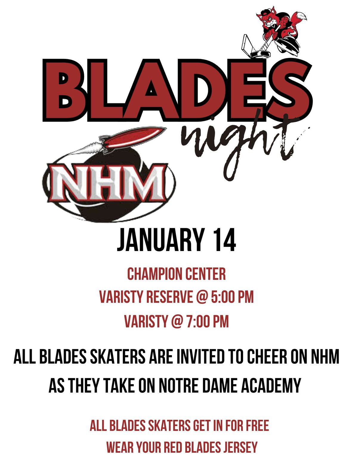 Blades Night @ NHM Varsity Reserve\/Varsity Game