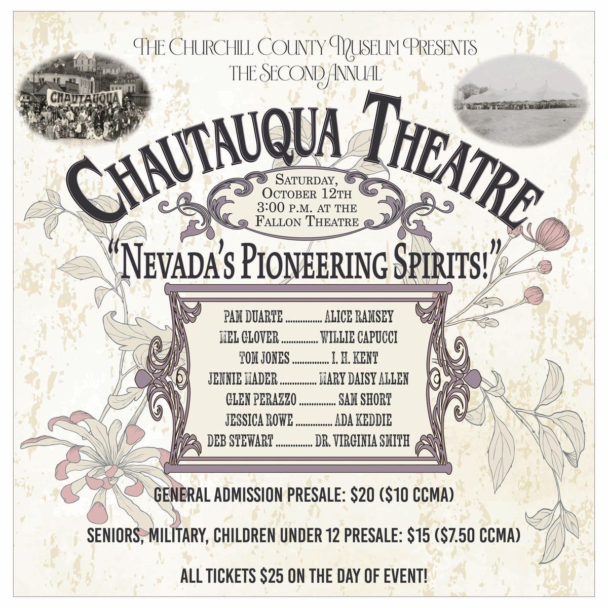 Special Event! Chautauqua Theatre presented by The Churchill County Museum! Sat, 10\/12 @ 3pm - $20