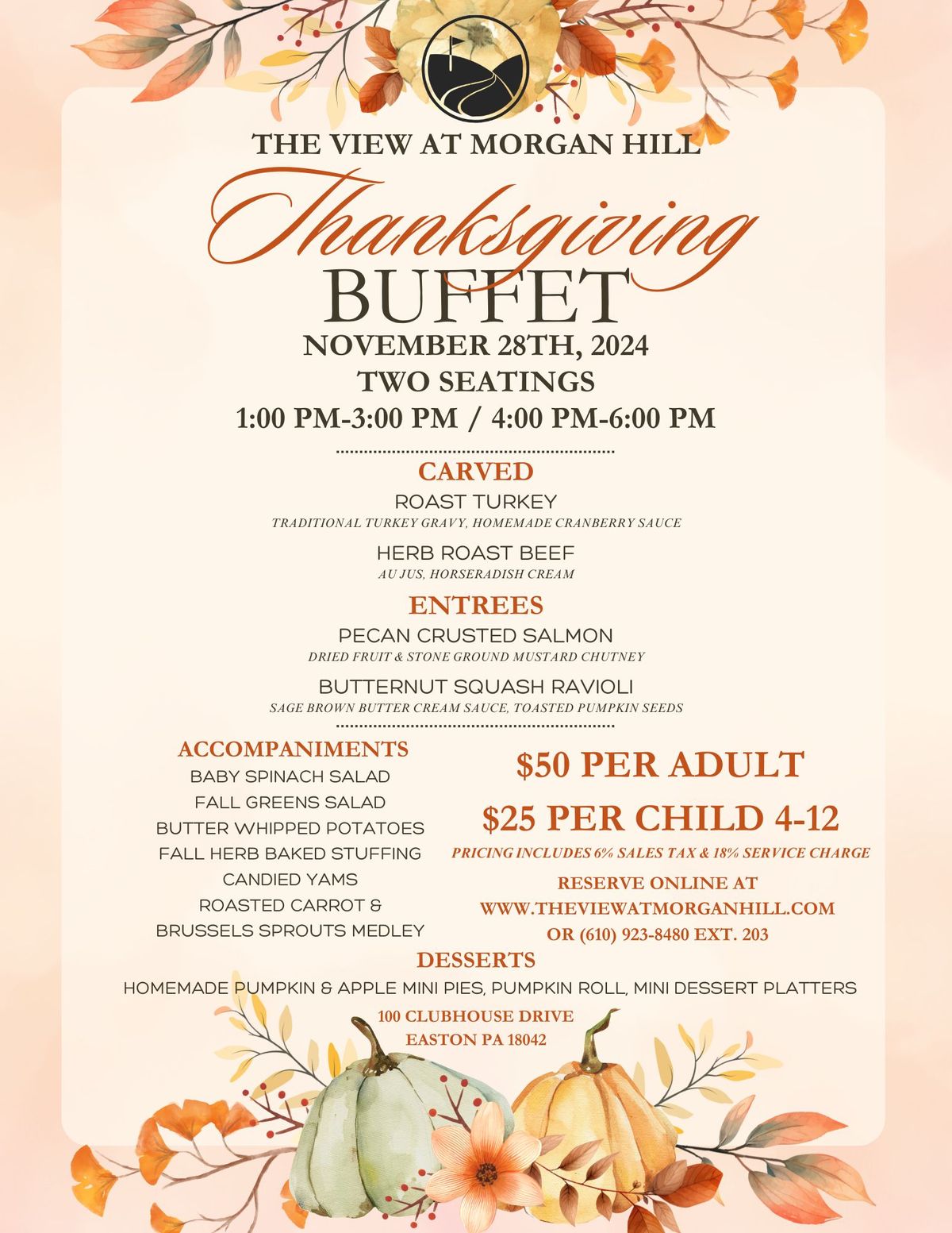 THANKSGIVING BUFFET 4:00 PM-6:00 PM SEATING