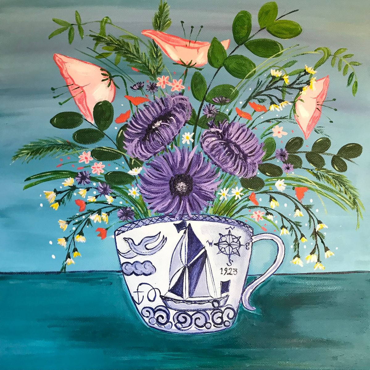 Flowers in a Tea Cup on board Lady Daphne in Charlestown Harbour