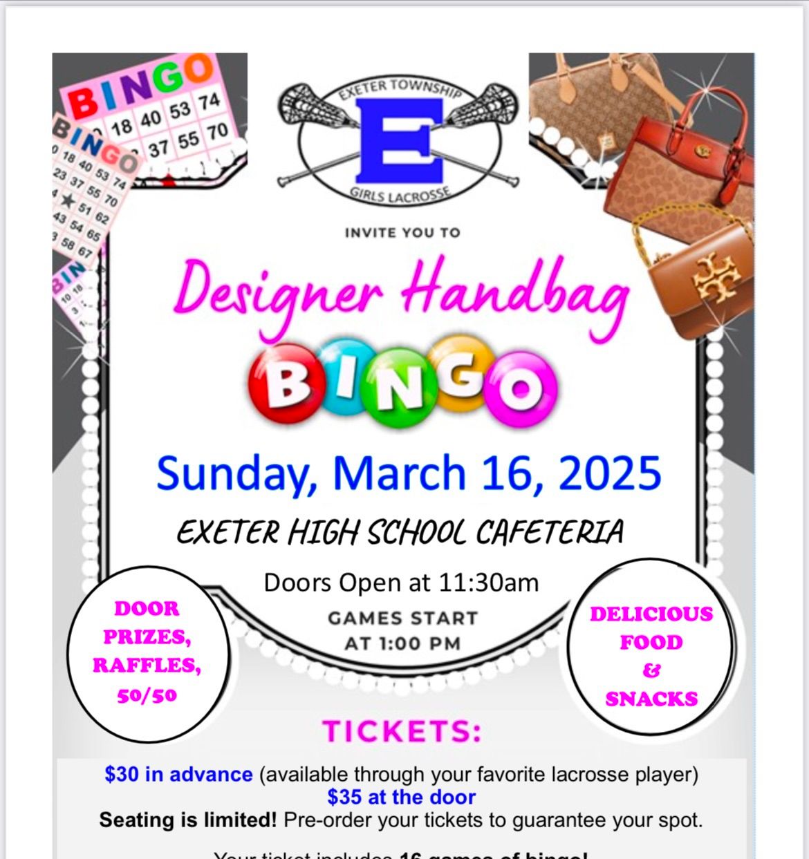 Exeter High School Girls Lacrosse Designer Handbag BINGO 