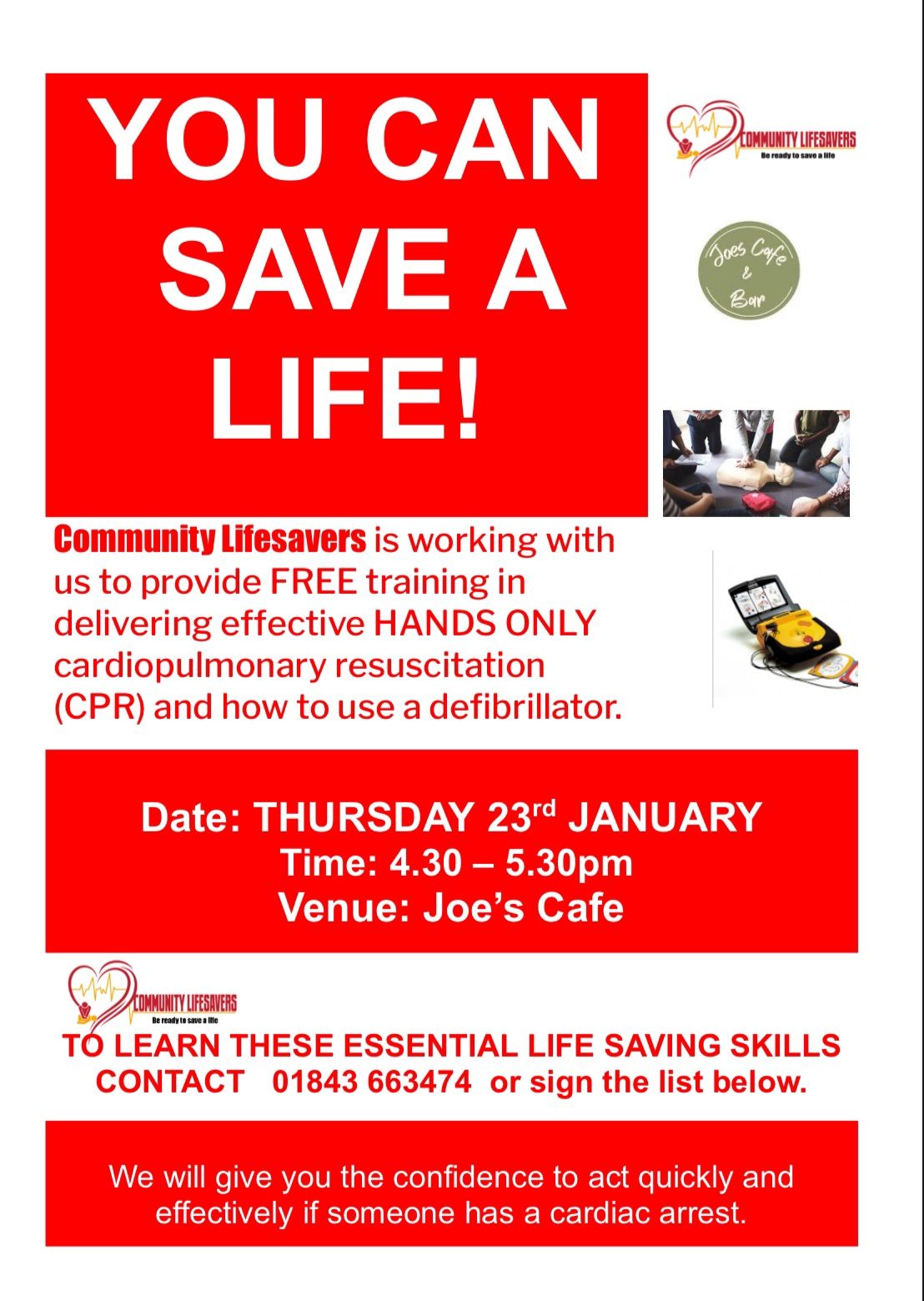 Community Lifesavers.                          Free CPR training .  Limited spaces.  Phone to book 