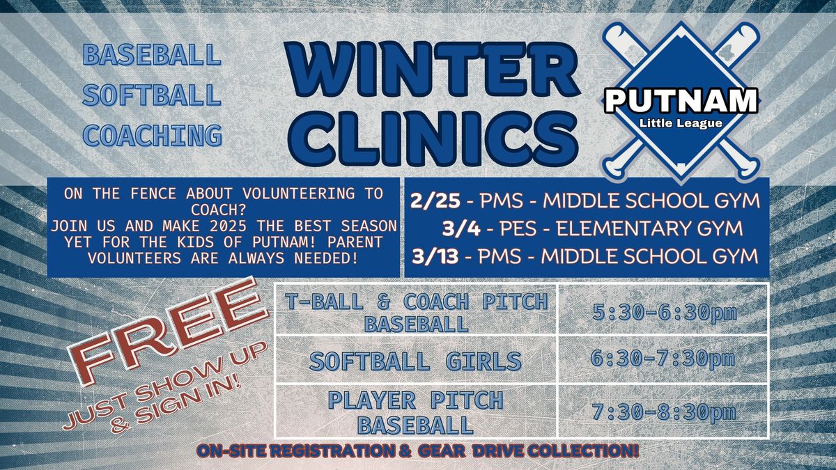 BASEBALL & SOFTBALL & COACHING - WINTER CLINIC (please see details for age grouping times!)