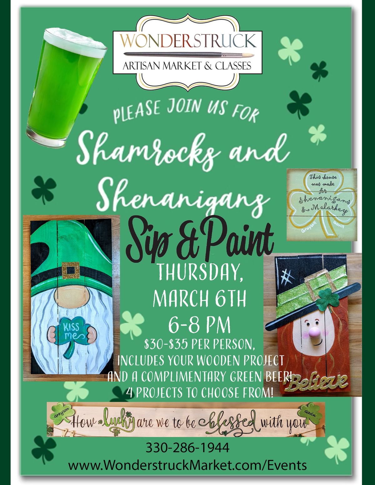 Shamrocks & Shenanigans Sip & Paint Wooden Craft Night 