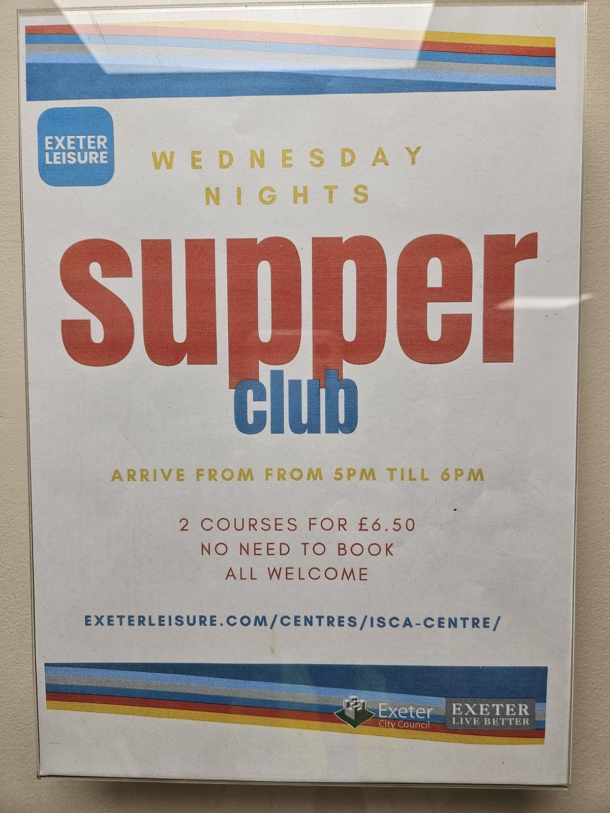 \u00a36.50 Supper Club at Exeter Arena ISCA Leisure Centre