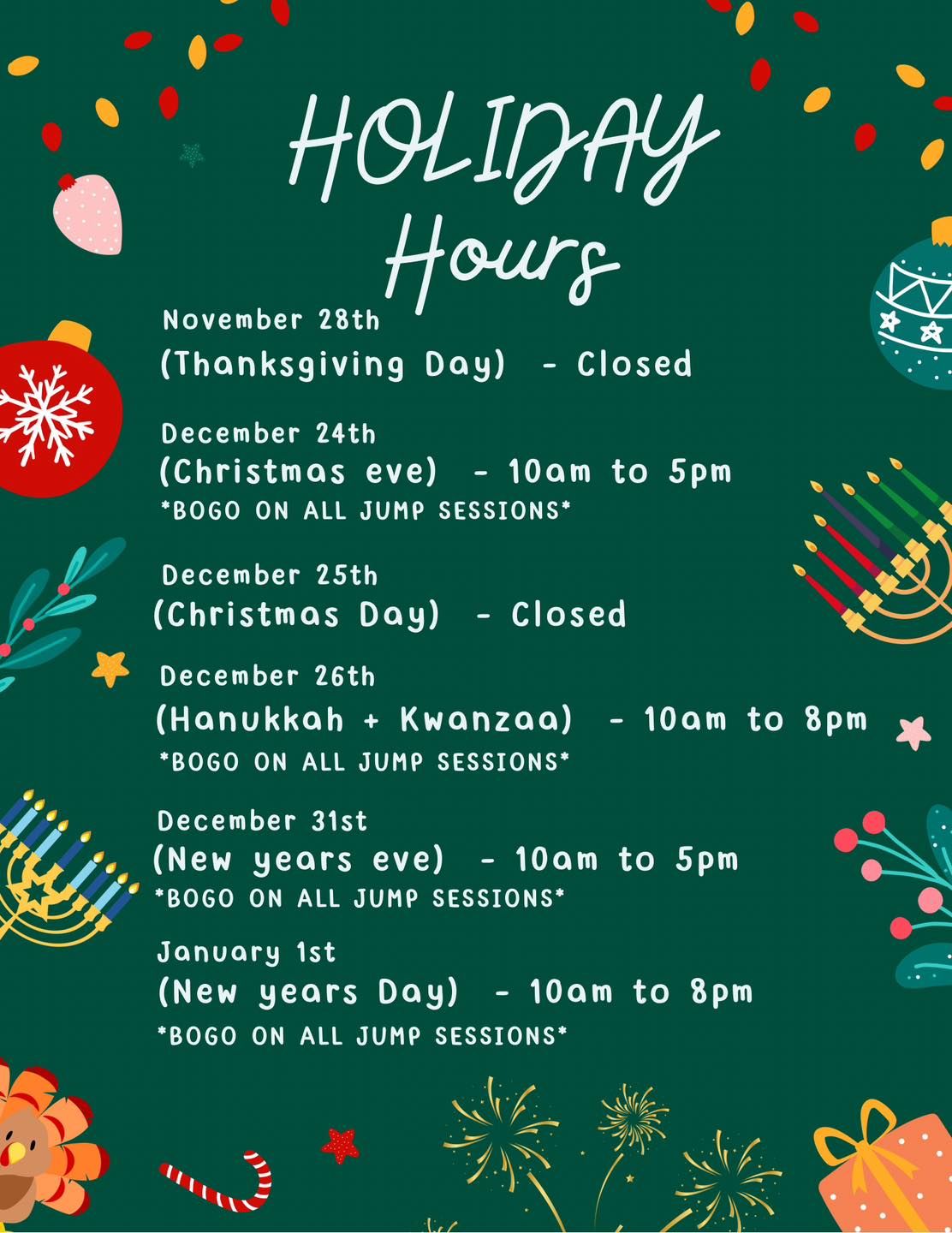 Holiday Hours at Fun In Trampoline Park