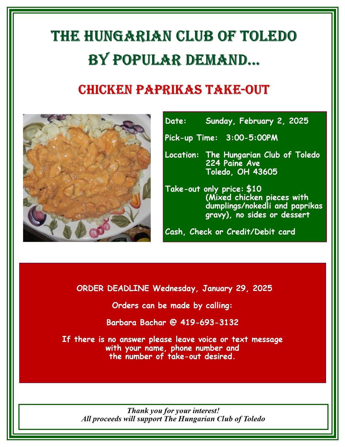 Chicken Paprikas Take-out at the Hungarian Club of Toledo 