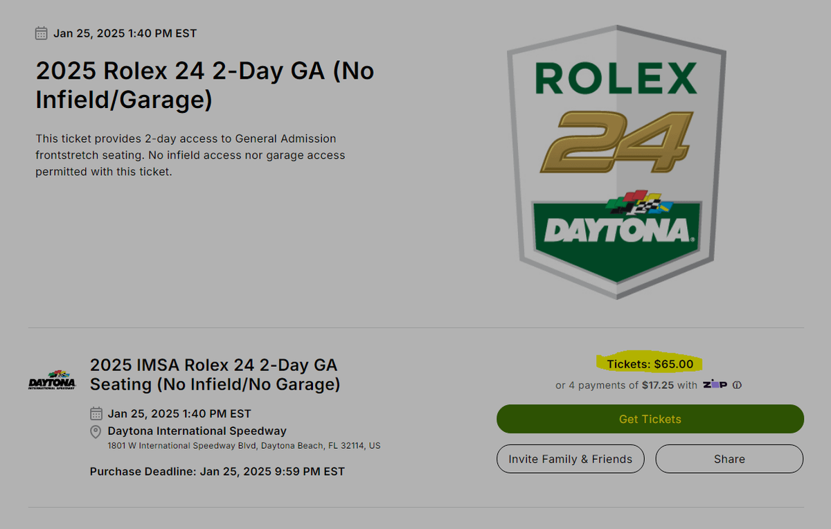 Parking 2026 Daytona IMSA Rolex 24 Admission 4-day