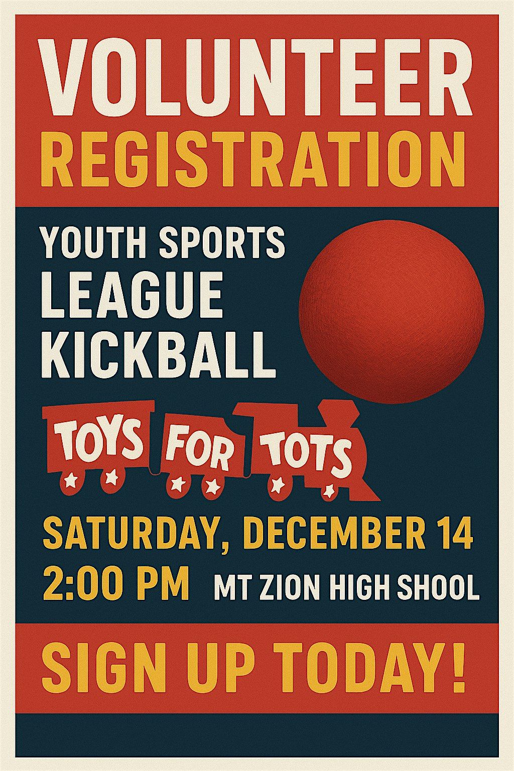 Youth Sports League Kickball Toys For Tots Volunteer Registration