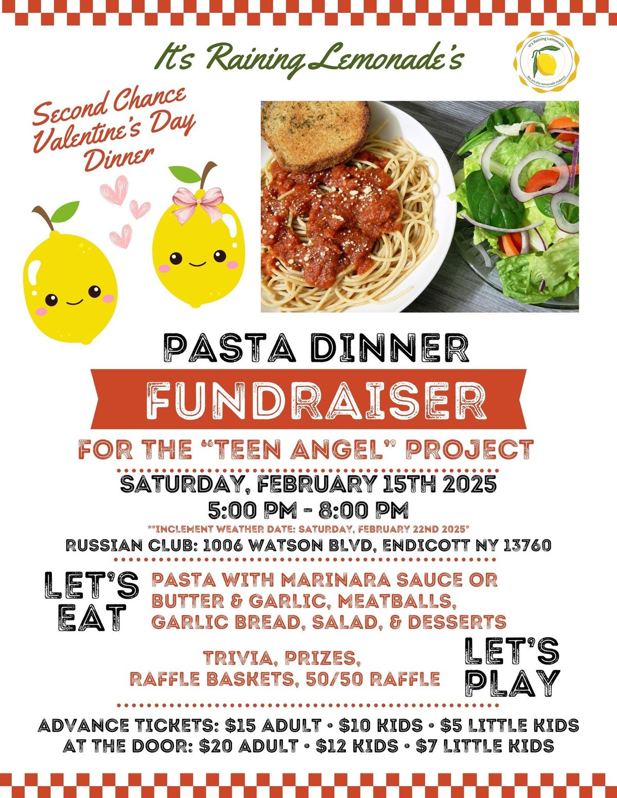 It\u2019s Raining Lemonade\u2019s Pasta Dinner Fundraiser