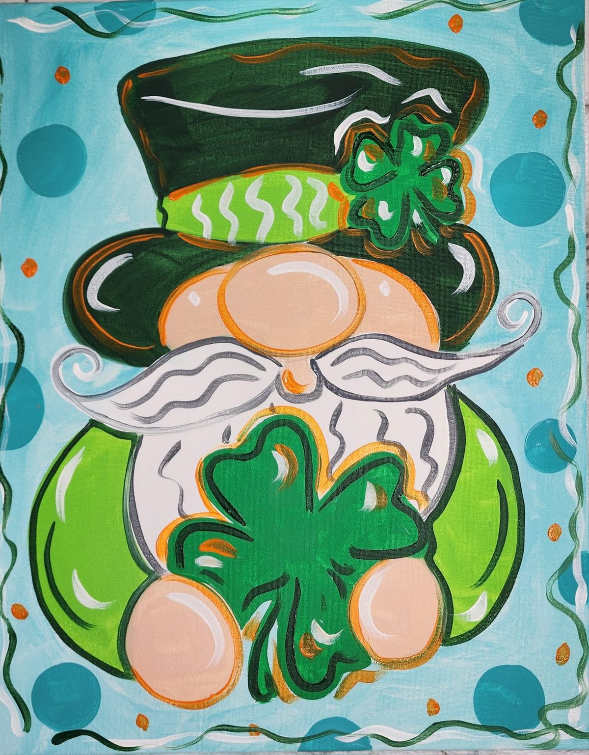 \u201cLucky Gnome with Shamrock\u201d Acrylic painting on 11 x 14 stretched canvas