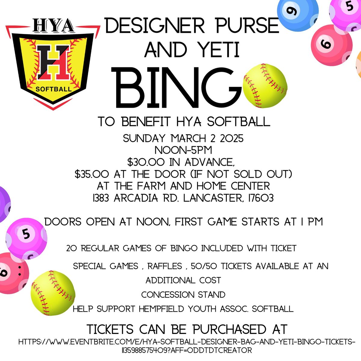 HYA Softball Annual Designer Purse & Yeti Bingo