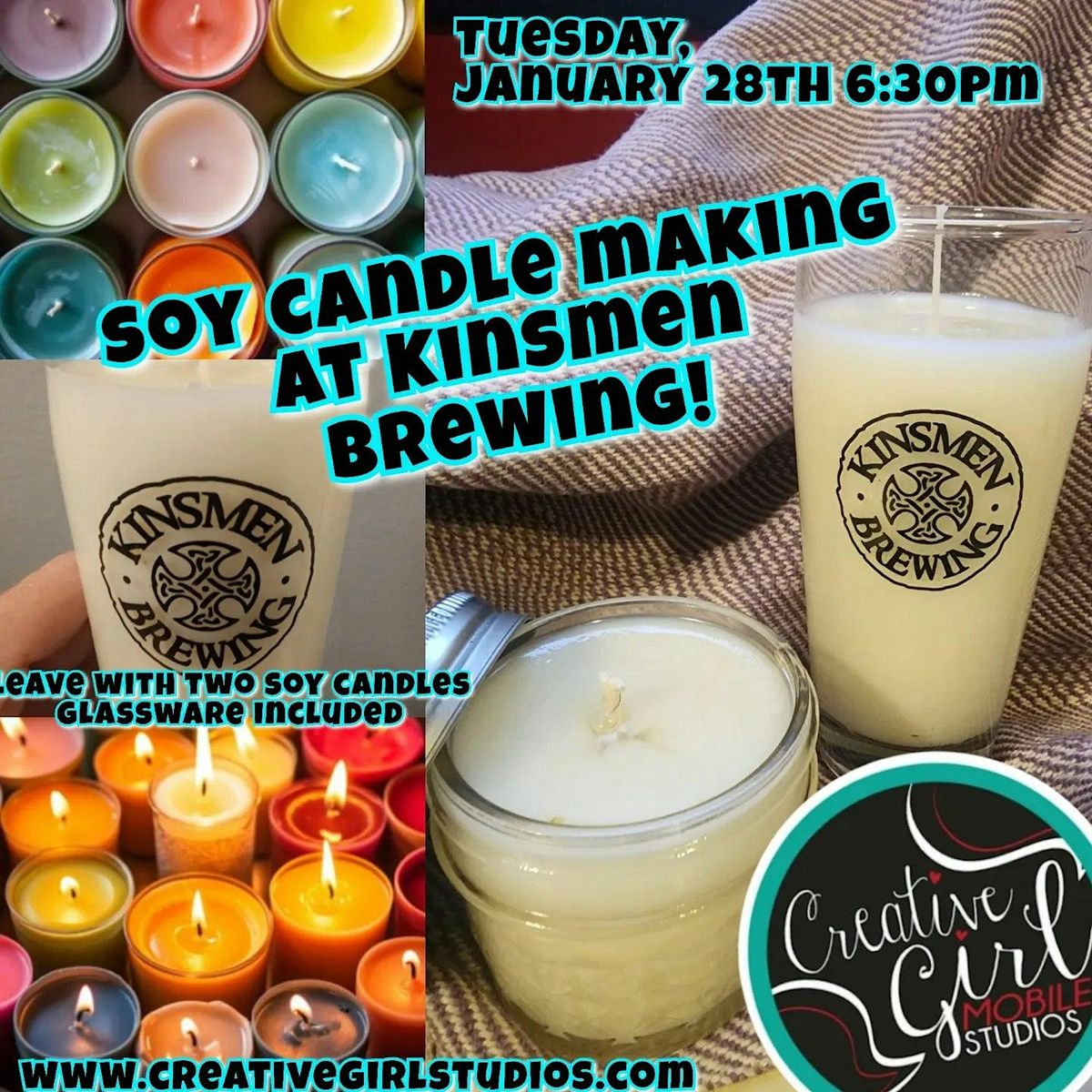 Soy Candle Making at Kinsmen Brewing! Logo glass & Mason jar!