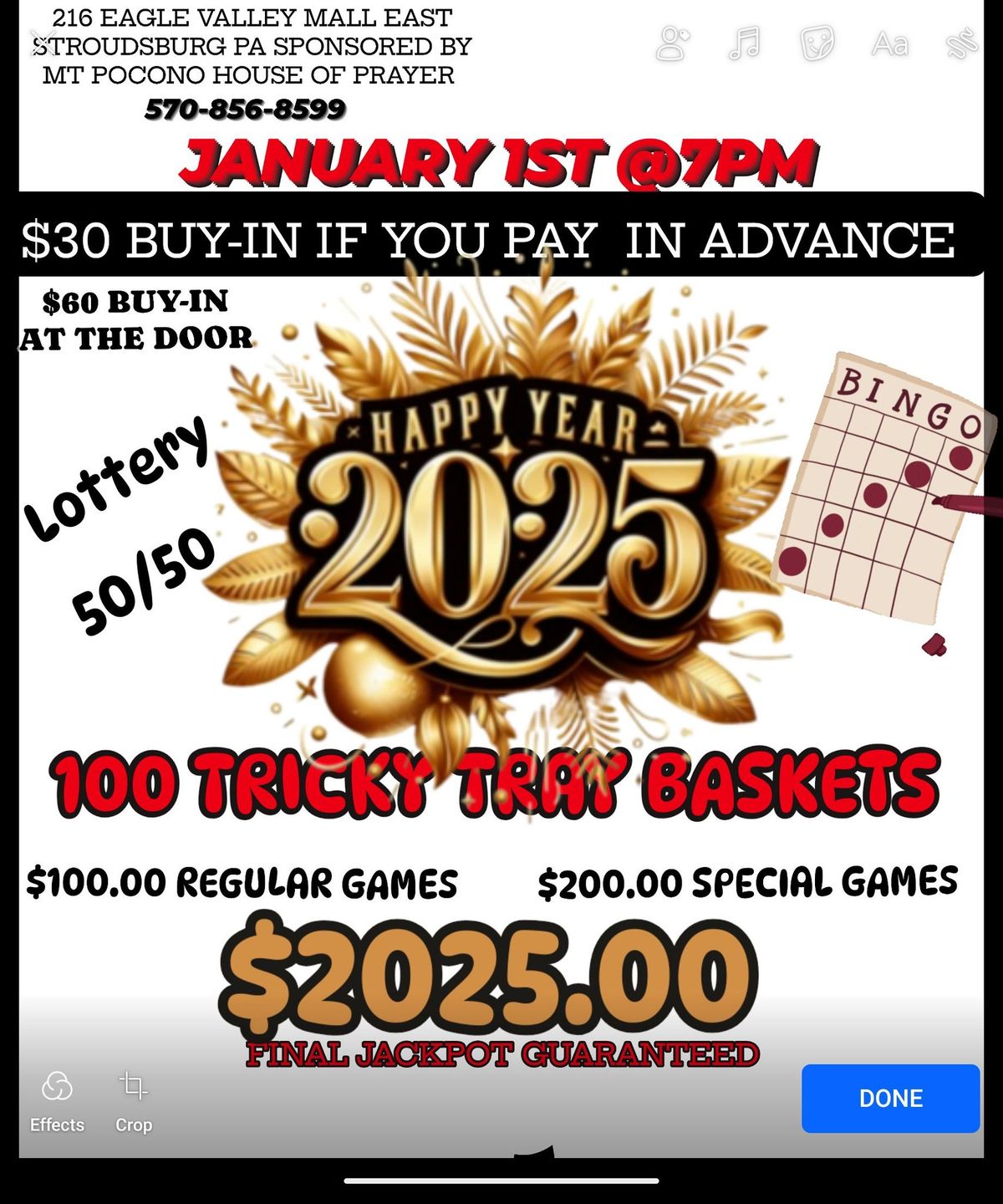 New Years Bingo  SPONSORED BY MT POCONO HOUSE OF PRAYER 