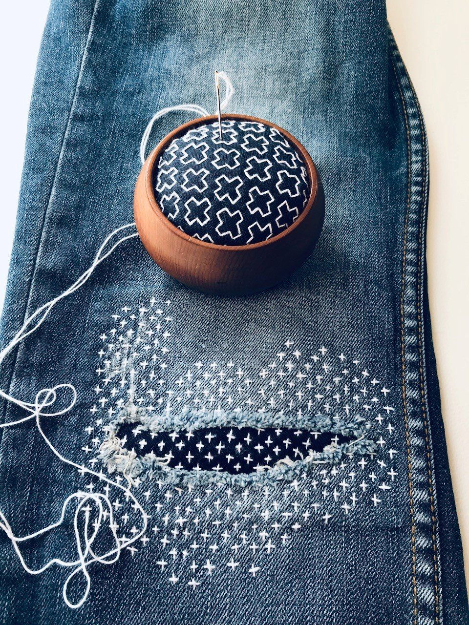 Mending with Sashiko stitching 