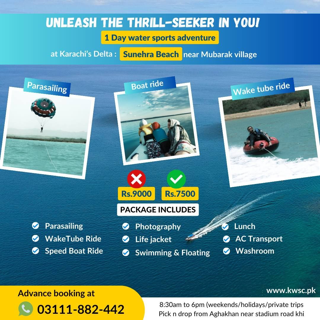 1 day adventure tour : Experience Parasailing and Watersports at Delta Sunehri Beach Karachi