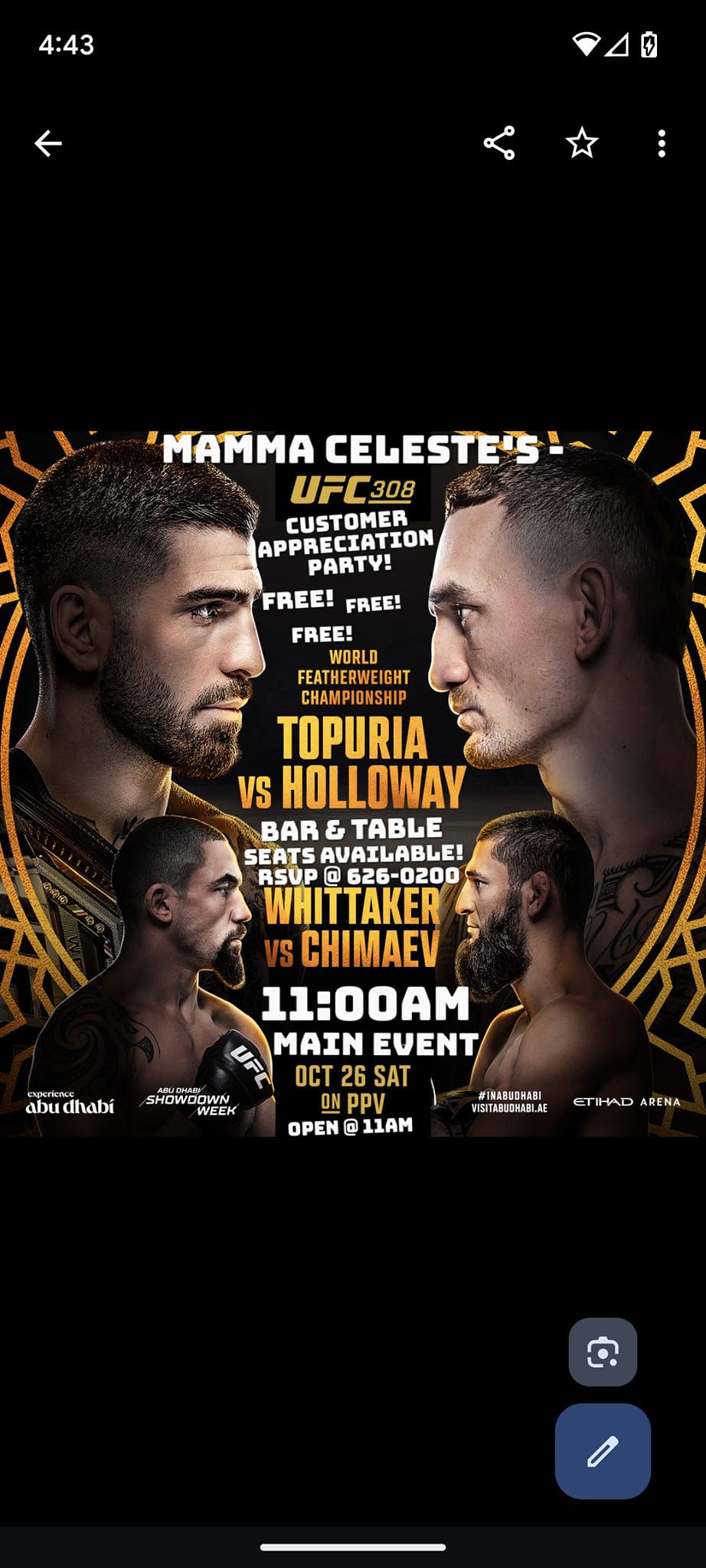 UFC 308 FREE PAY PER VIEW @ MAMMA CELESTE'S GASTROPUB & PIZZERIA 