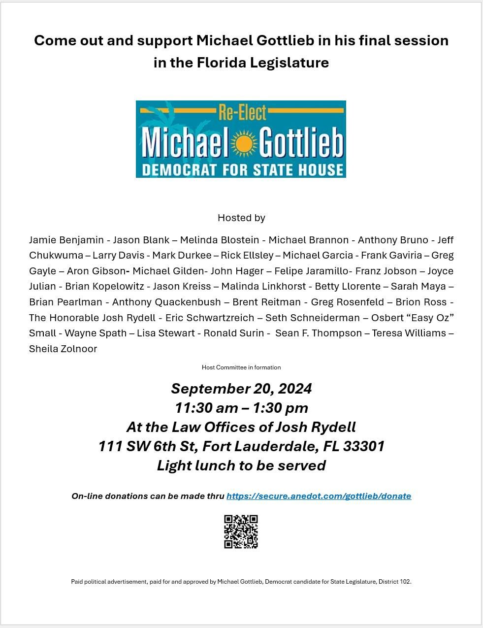 Downtown Fundraiser to re-elect Michael Gottlieb for State Representative