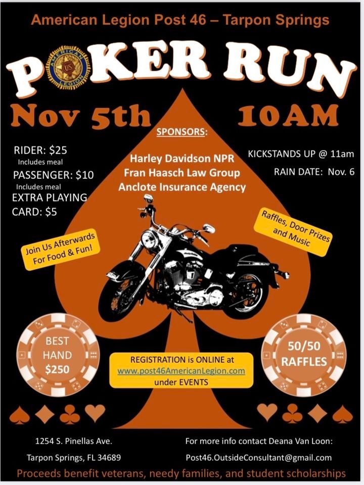 Motorcycle Poker Run, 1254 S Pinellas Ave, Tarpon Springs, FL 34689