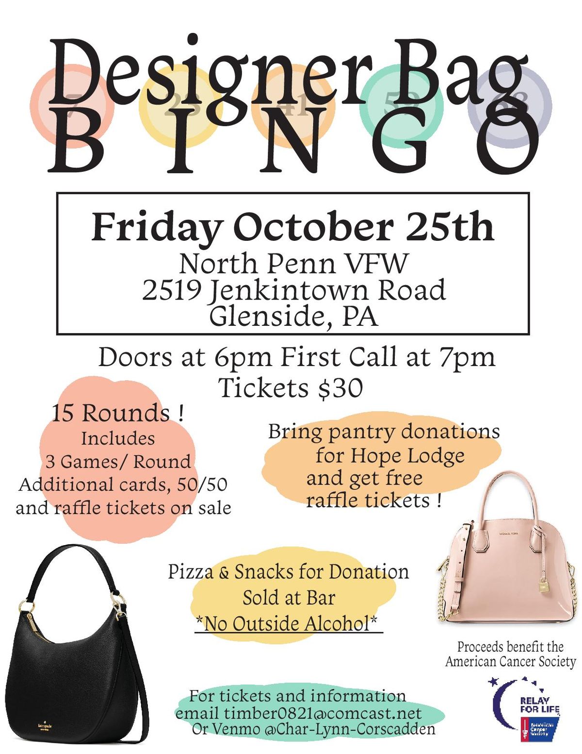 DESIGNER BAG BINGO TO BENEFTI THE AMERICAN CANCER SOCIETY