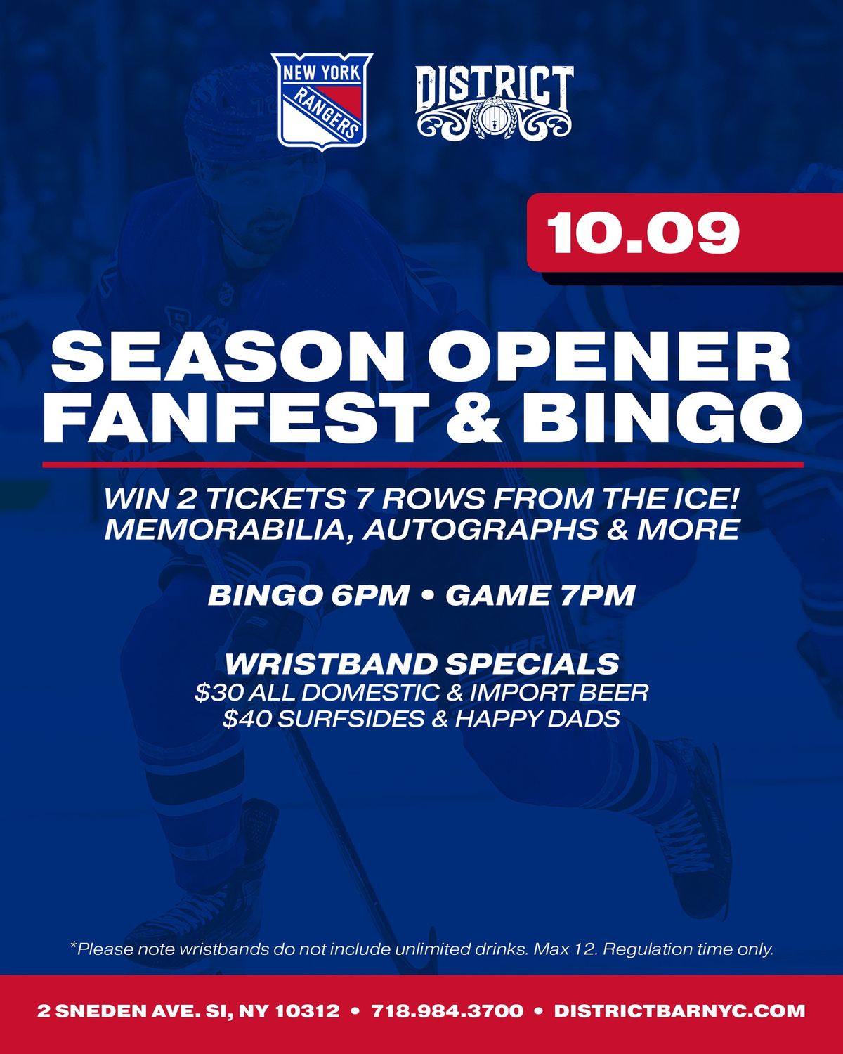 NY Rangers Season Opener Fanfest & Bingo - Wednesday Oct 9th 