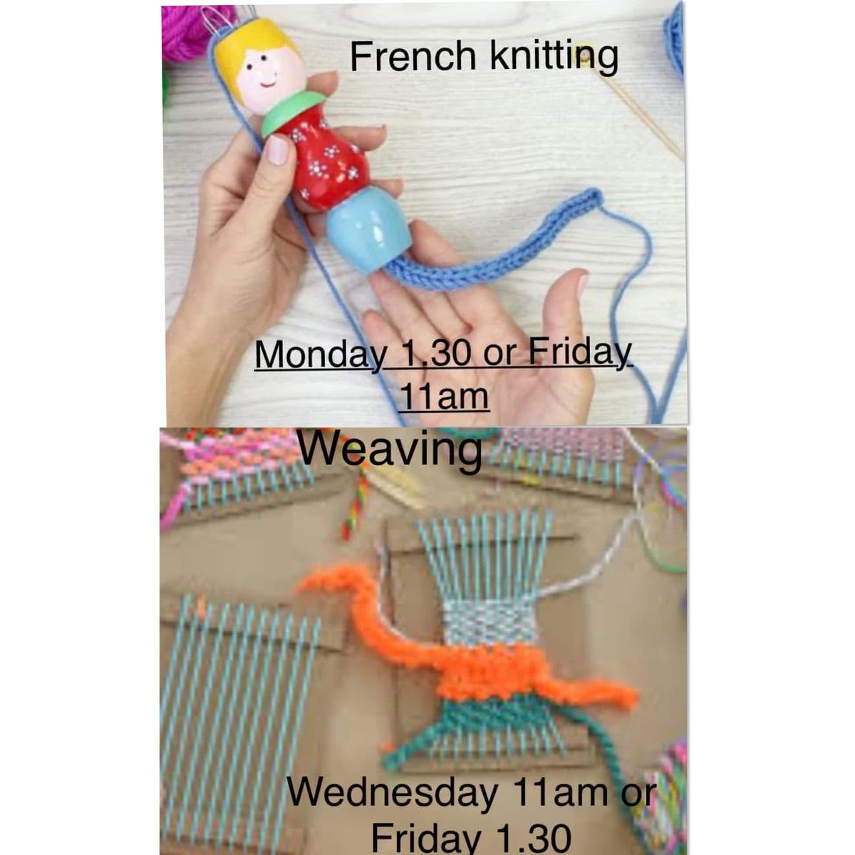 Children\u2019s French knitting and weaving workshops 