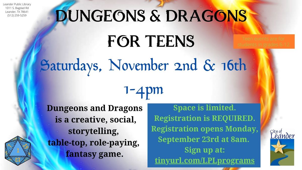 Teen Dungeons and Dragons (Pre-registration is REQUIRED)