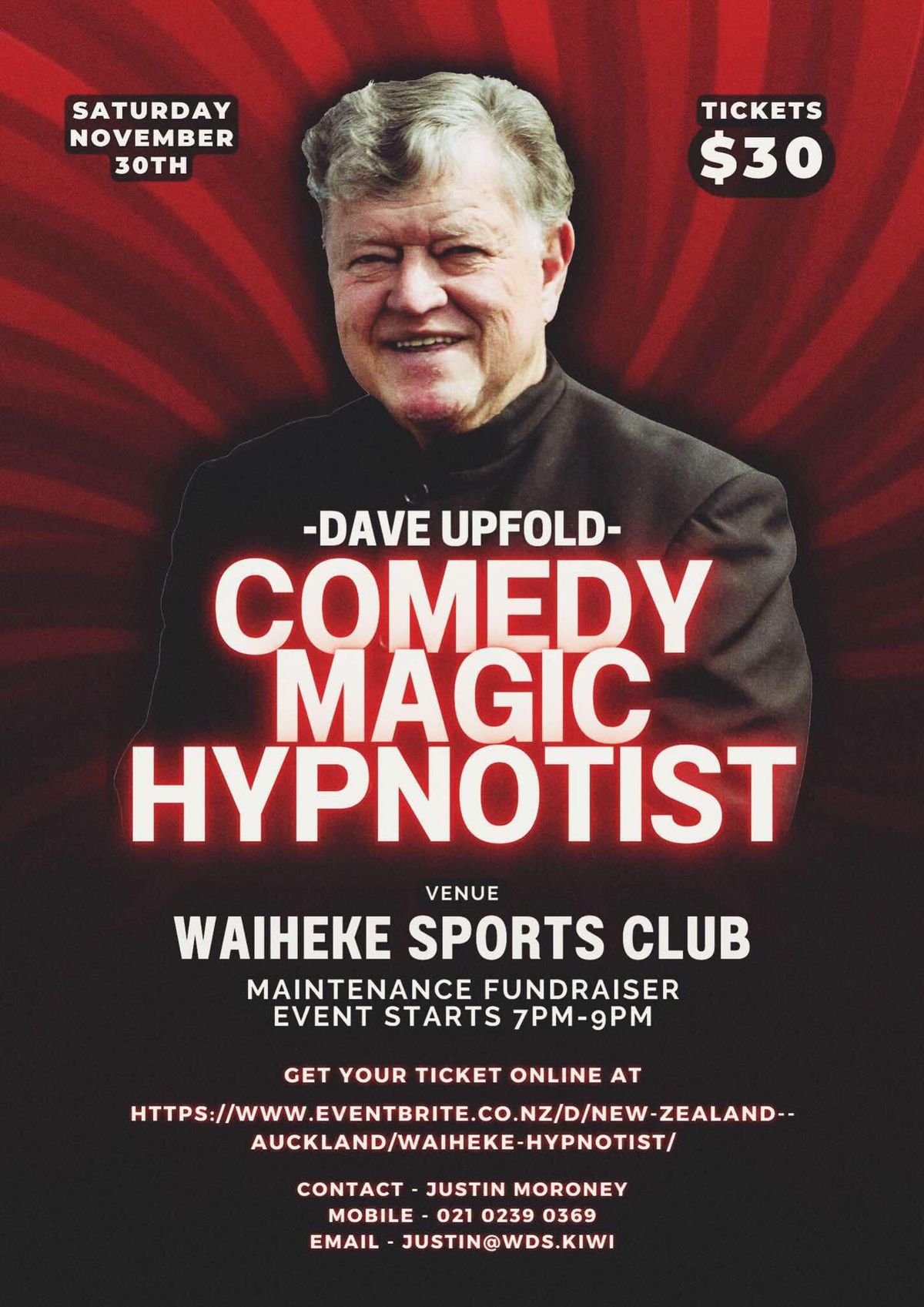 Waiheke Sports Club fundraiser - David Upfold comedian hypnotist. 