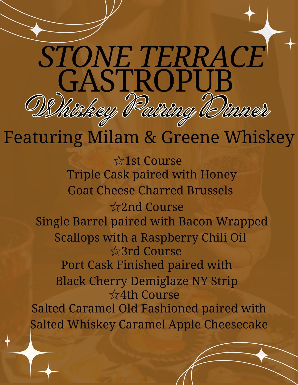 Whiskey Pairing Dinner featuring Marlene Holmes of Milam & Greene Distillery