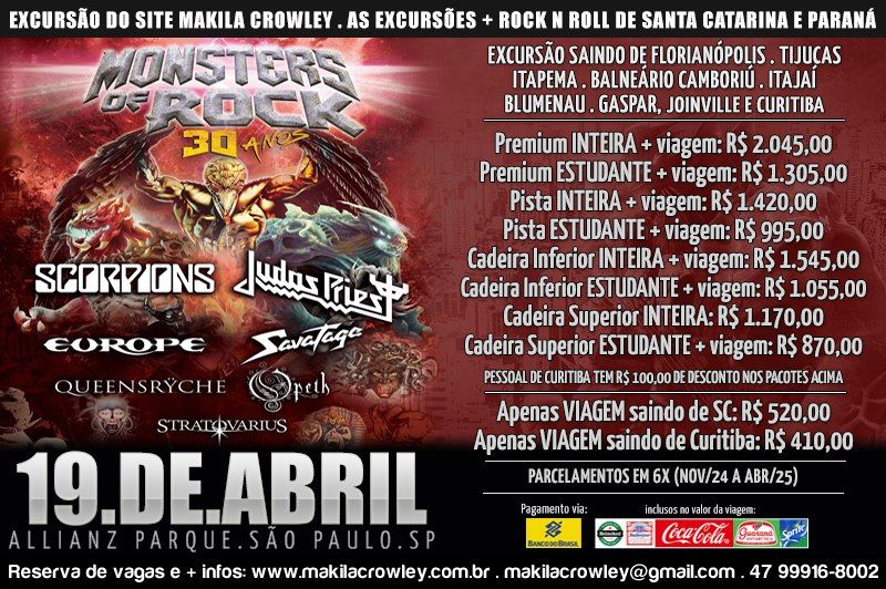 Excurs\u00e3o SC e PR - MONSTERS OF ROCK, 19\/04\/2025, Allianz Parque, S\u00e3o Paulo\/SP